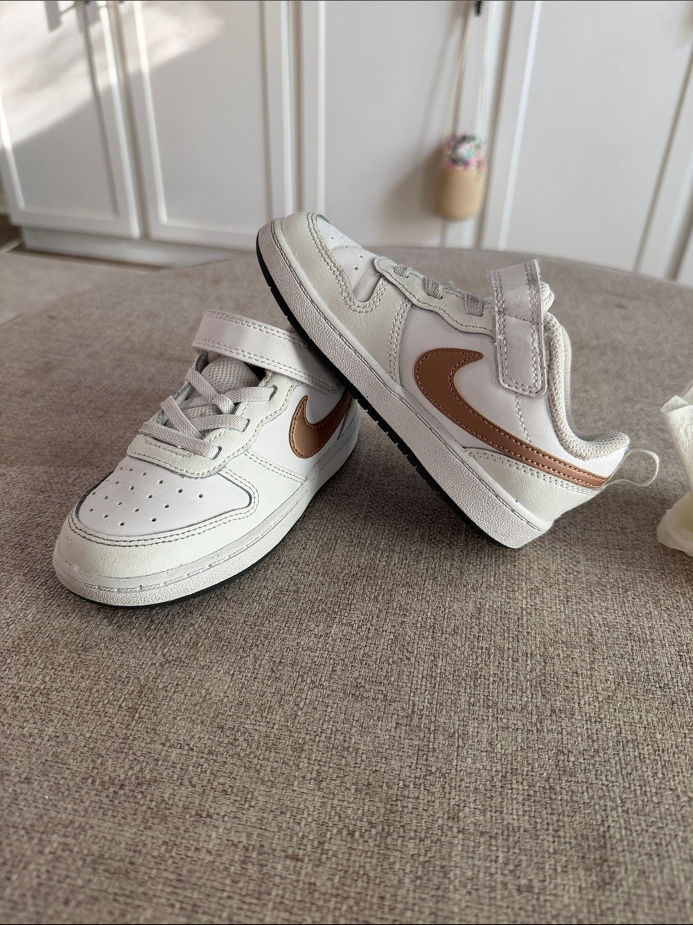 Nike Kids White Sneakers with Brown Swoosh - Velcro & Lace
